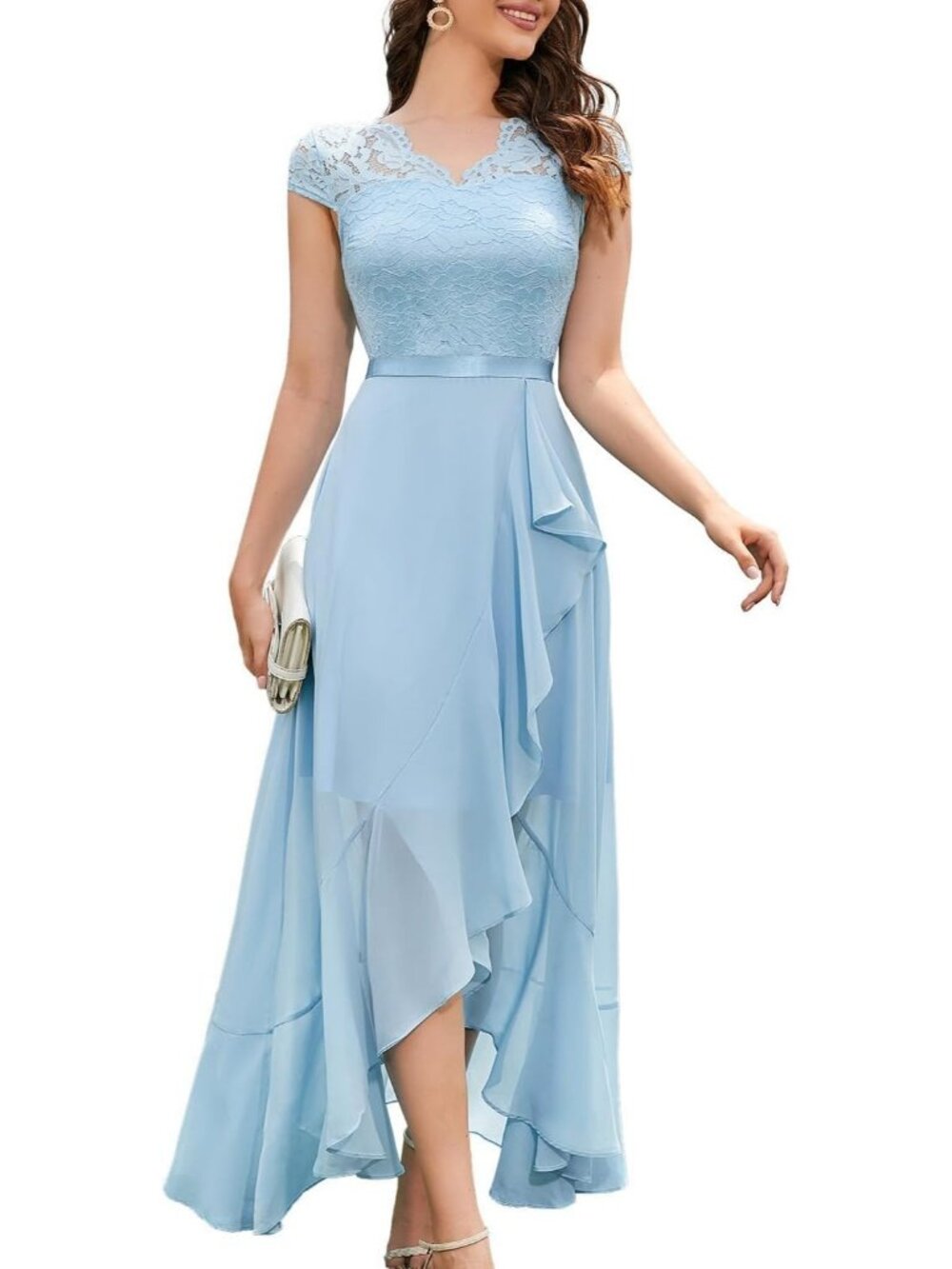 Women's Sky Blue V-Neck Half Sleeve Floral Lace Cocktail Party Bridesmaid Dress